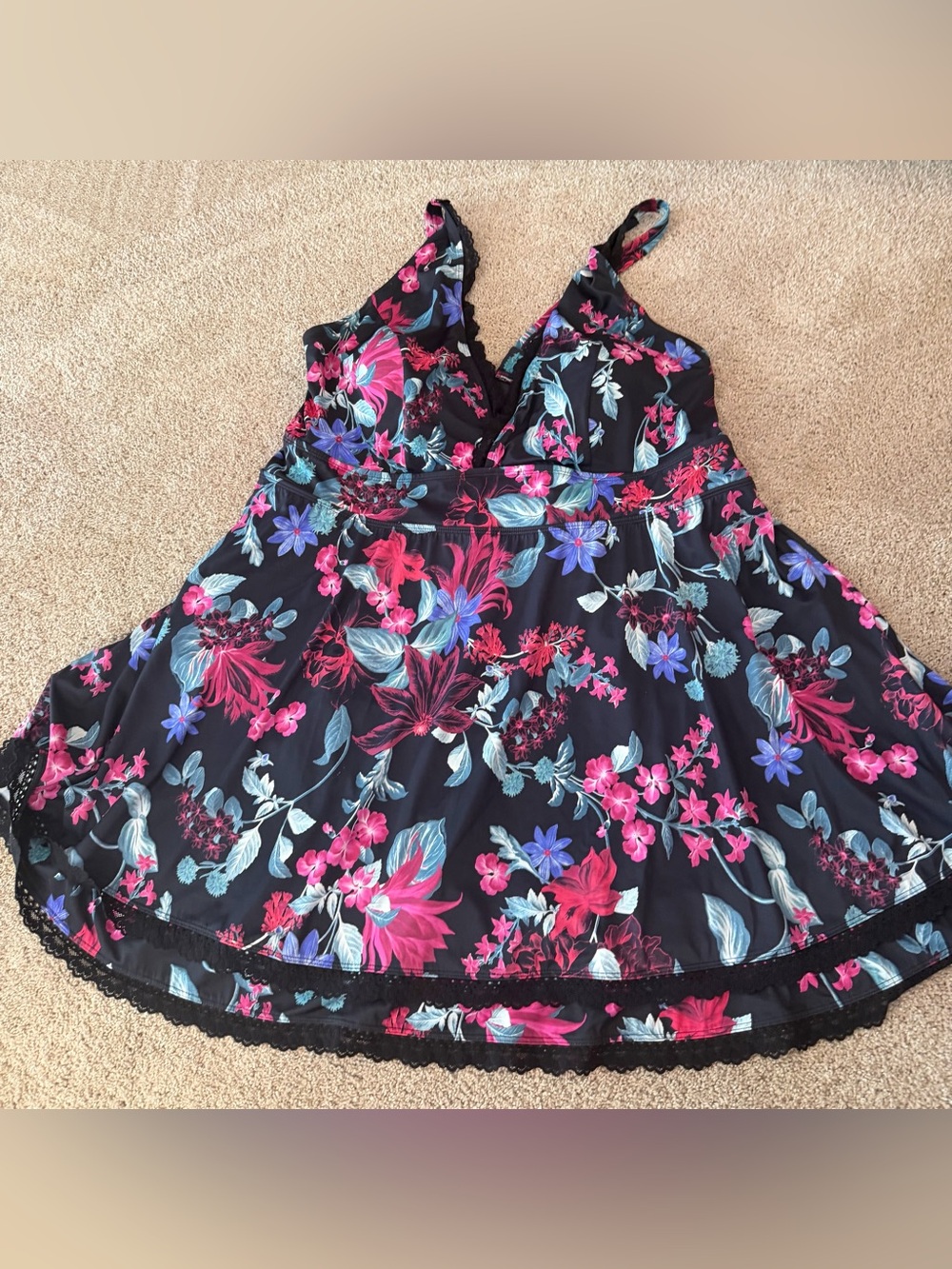 torrid Black One-Piece Swim Dress with Pink & Blue Floral Print Size 5